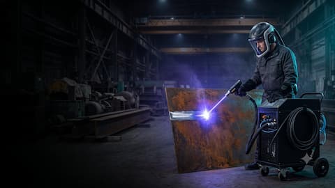 Industrial hall with mobile laser cleaning system in operation